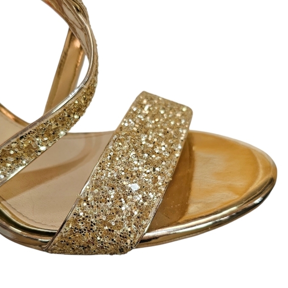 Badgley Mischka Jewel Heels Sz 8 Gold Glitter Sparkle New Years Cocktail Strappy - Picture 9 of 12